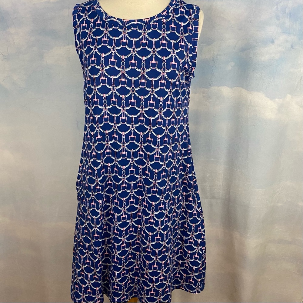 Barbara Gerwit Blue/Pink Equestrian Shift Dress Horse Bridle w/POCKETS!